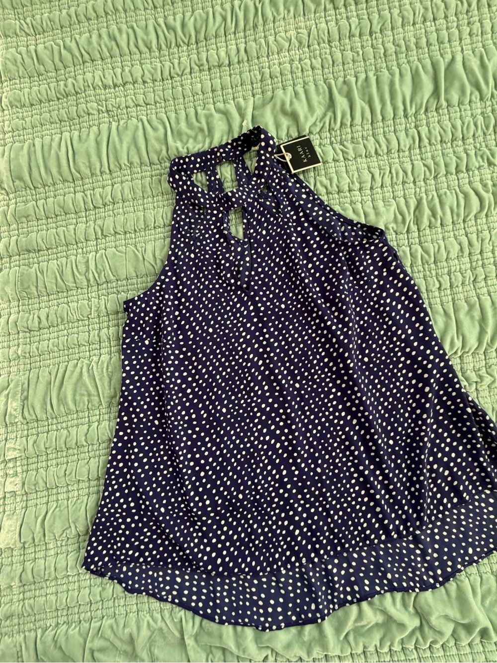 Kaari Blue Navy White Polka Dot Halter Tank-Med
